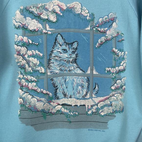 VTG Kitty Cat Lady Sweatshirt Sz XL Blue Grannycore Puffy Paint Collared 90s - Picture 2 of 7